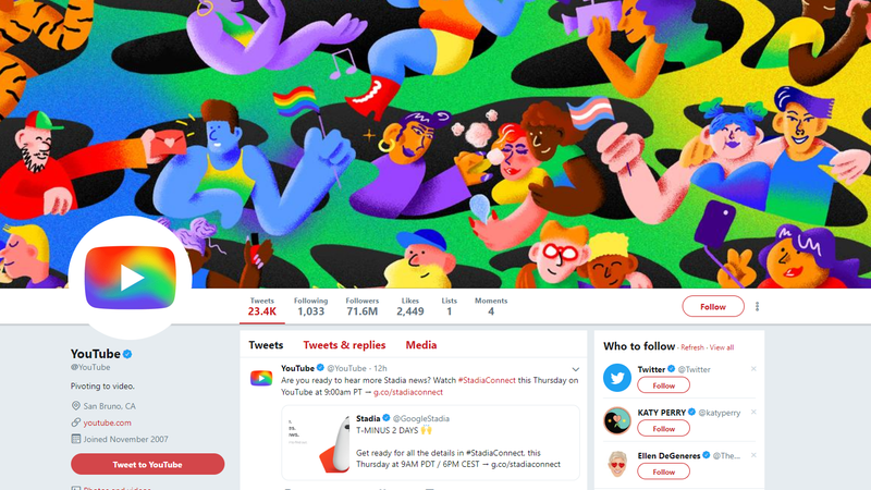 YouTube’s Pride Month 2019-themed Twitter page.